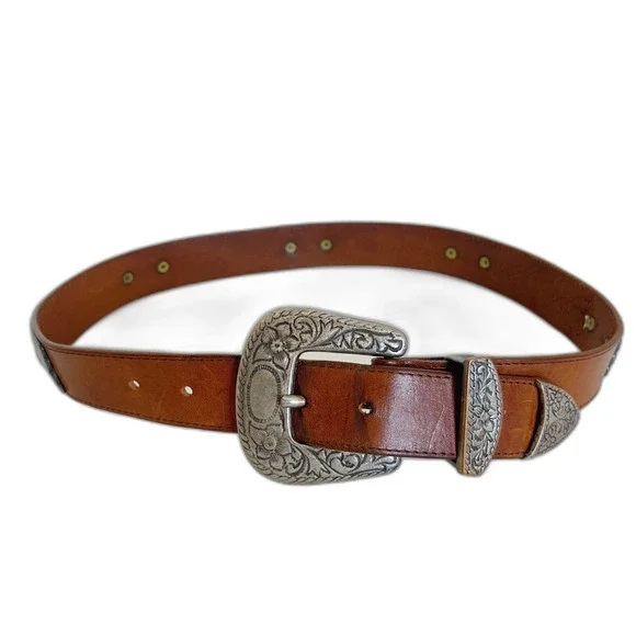 Vintage Brown Leather Belt Floral Engraved Western Country Size 30