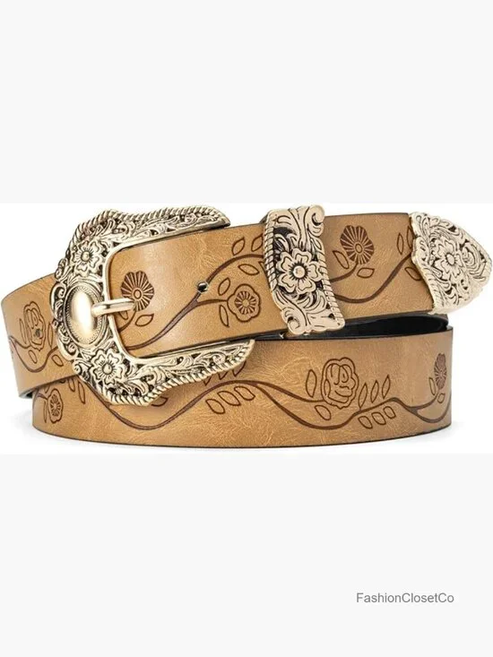 Vintage Women's Western Belt Adjustable PU Leather with Floral Pattern Buckle