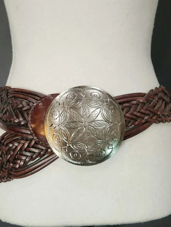 Boho Vibe: NY&Co Boho Braided Brown Leather Belt Large Silver Concho Buckle