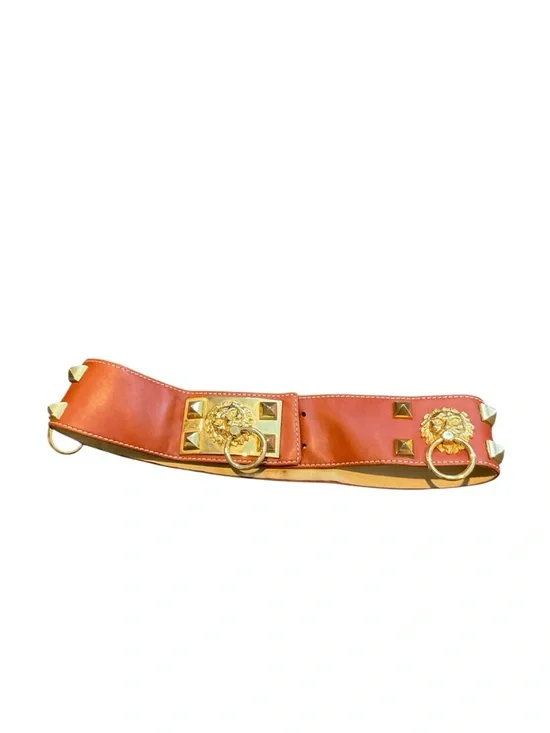 Source Unknown Orange Leather Waist Belt with Gold Lion Ring Accents