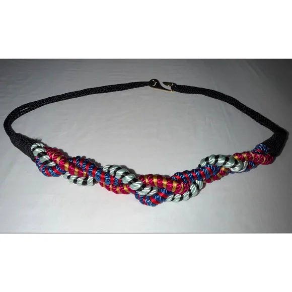 Vtg 80s Multi Color Braided Rope Belt L XL Jewel Tone Nautical Boho Avant Garde