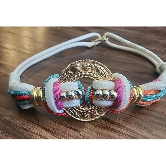 Vintage BOHO Bohemian Style Belt Gold Buckle Colorful Beads SMALL S