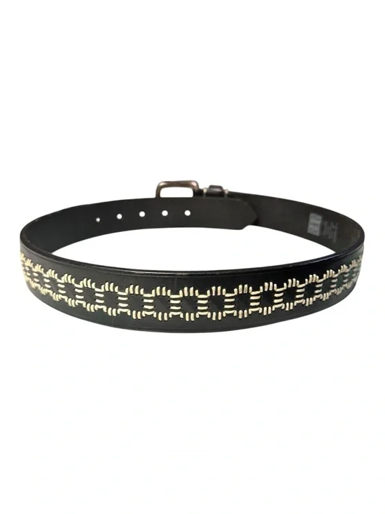 GAP 90’s Vintage Black Leather White Buck Stitch Embroidered Western Belt Sz 30