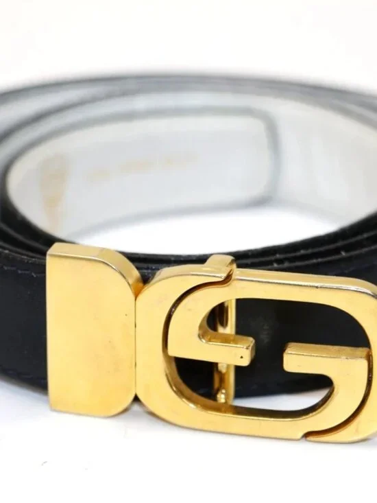 Gucci Vintage 1970's Reversable Leather Gold G Buckle Belt - Black/White/Gold