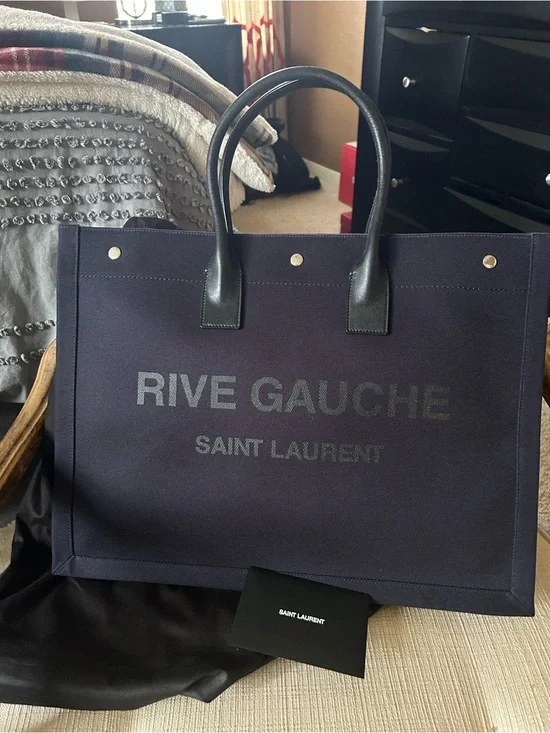 Saint Laurent Navy Canvas 'Rive Gauche' Tote with Black Handles