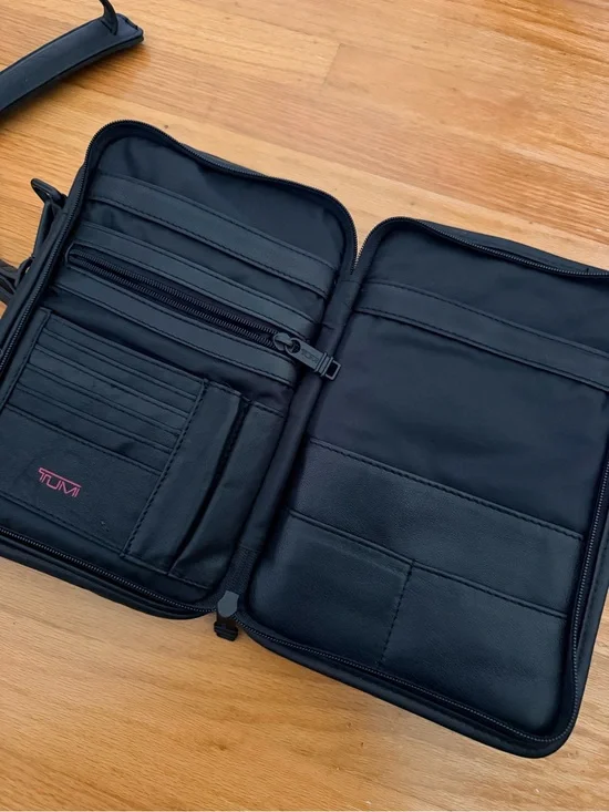 New TUMI Black Leather Crossbody Organizer Bag