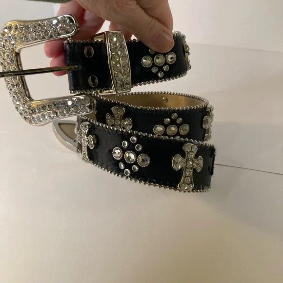 Vintage 1849 Authentic Ranchwear Rhinestone Cross Calfhair Belt 34-L Black 1.5