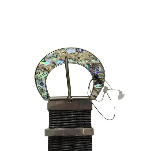 Ralph Lauren Purple Label Seashell-Buckle Abalone Brass Chain Silver Mesh Belt