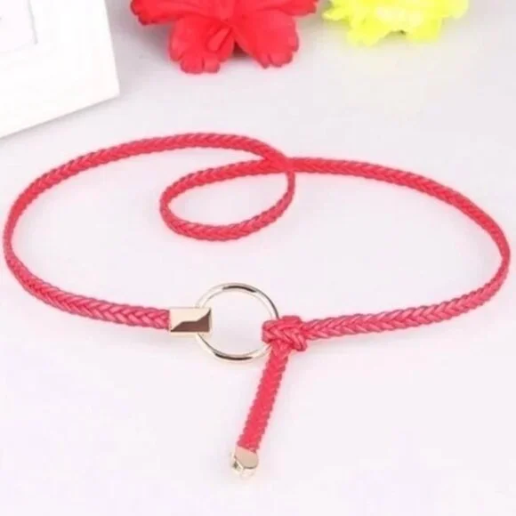 PU Leather Red Braided Skinny Tie Belt