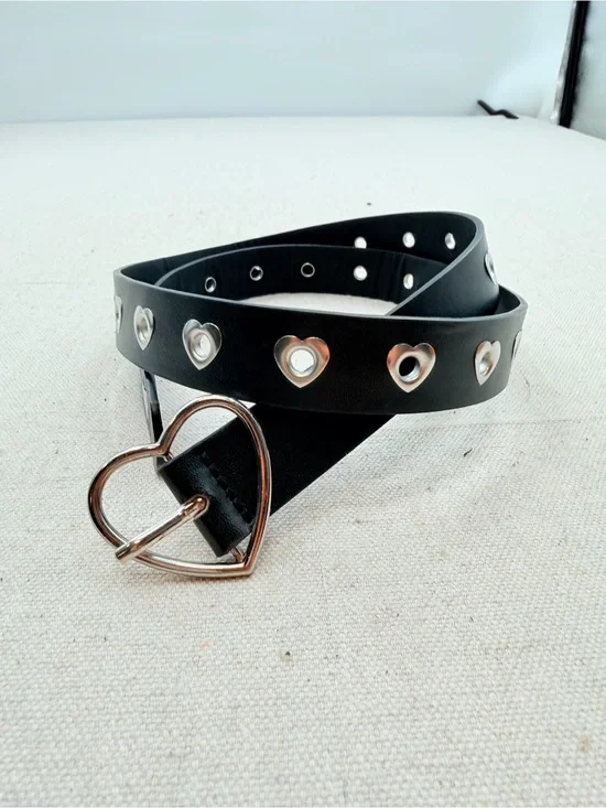 Black Heart Studded Belt with Heart-Shaped Buckle - Women Accessories