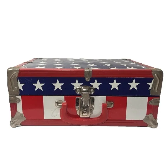 Vintage American Flag Metal Trunk Newspaper Lined Interior Patriotic Chest