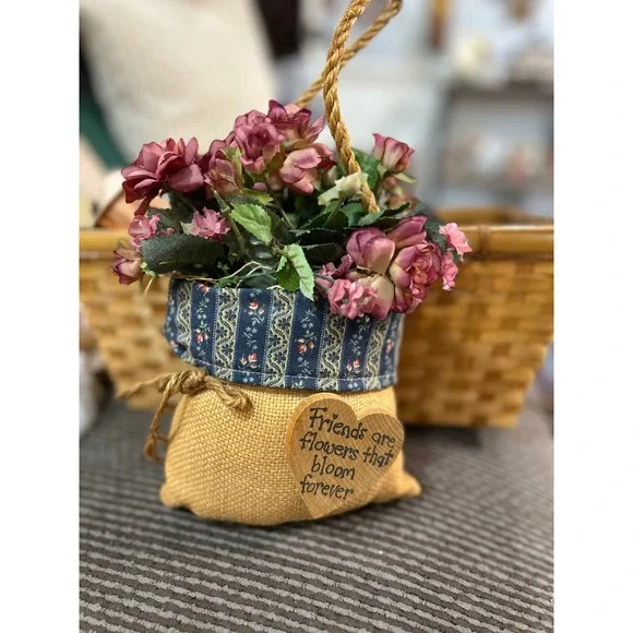 Rustic Burlap Floral Arrangement Faux Mauve Roses Friends Heart Charm Decor