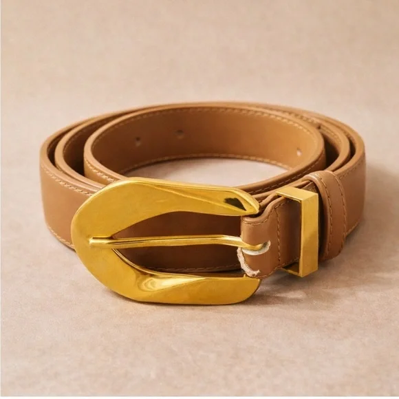 Tan Leather Belt with Oversized Gold Statement Buckle Classic Waist Belt