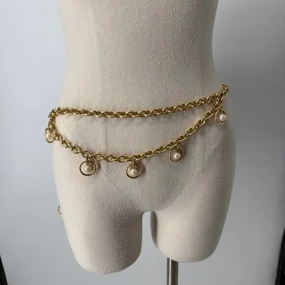 Vintage Style Draped Faux Pearl Gold Toned Chain Belt Chunky Statement