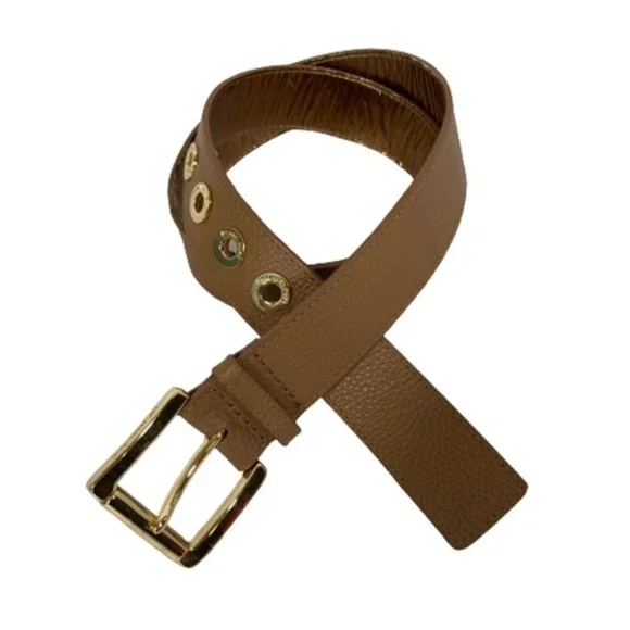 Michael Kors Belt Womens Sz M Beige Leather Gold Grommet Square Buckle