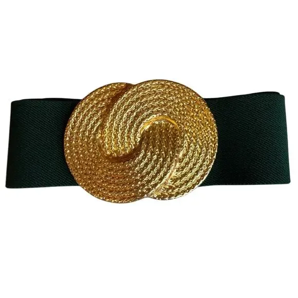 Vintage Nan Lewis Gold Rope Statement Buckle Stretchy Belt Hunter Green