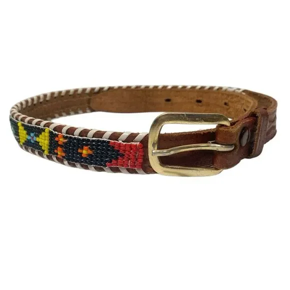 Vintage Genuine Cowhide Hand Beaded & Laced Aztec Tooled Leather Belt Size 24