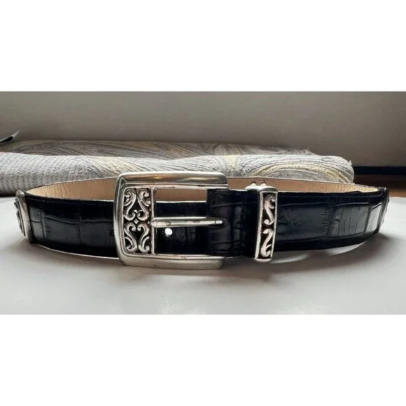 Brighton Vintage Black Croc Embossed Leather Belt Size Small Made in USA S 24303