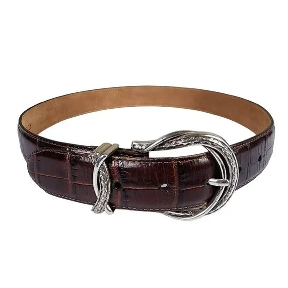Vintage Brighton- Women’s Belt Brown Moc Crocodile Silver Buckle, Size Medium