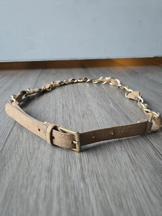 Tan Suede Gold Chain Link Boho Belt Brass Buckle Festival Size L