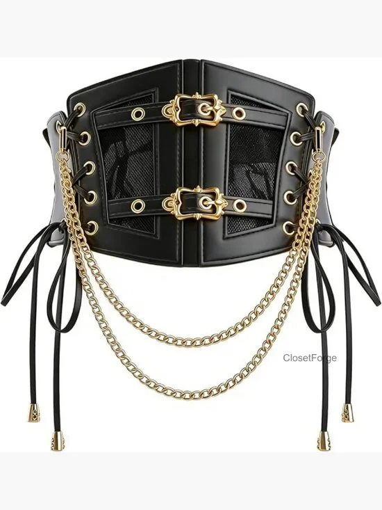 Wide Lace-Up Corset Belt Women Faux Leather Waist Trainer Cosplay