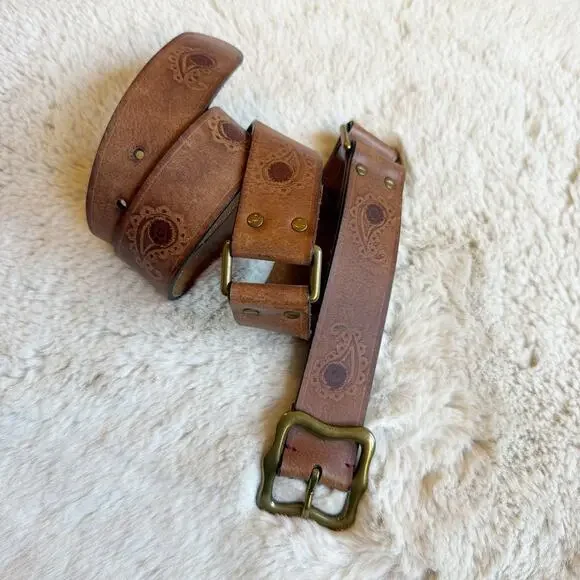 Vintage Y2K Lucky Brand Leather Tooled Embossed Brown Belt Paisley Pattern Sz L‎