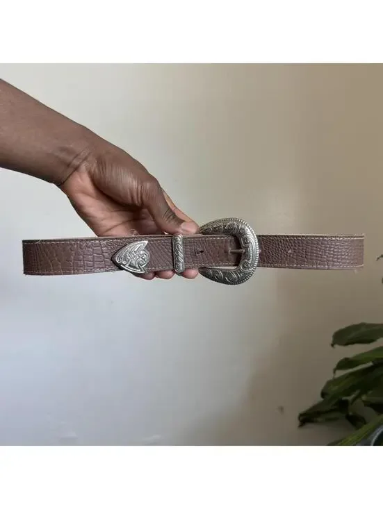 Vintage Y2K Western Faux‎ Croc Belt Ornate Silver Buckle fits like XS
