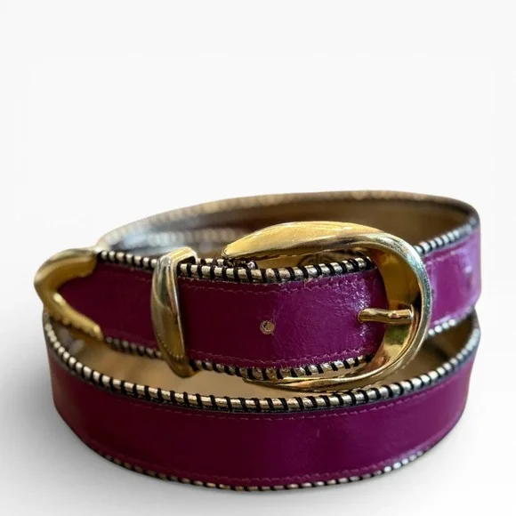 Pellaeri Italy Leather Belt Magenta Wide Gold Buckle Whipstitch M‎