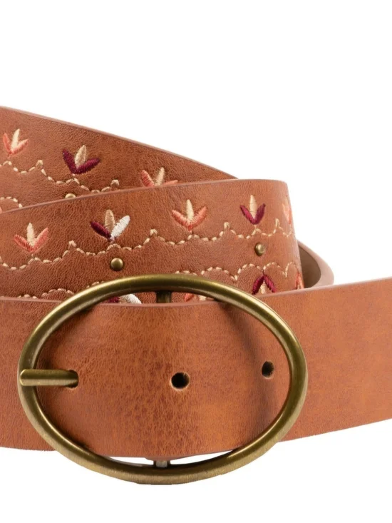 Women’s Tan Embroidered Faux Leather Belt with Brass Oval Buckle. Size 3X. NWT.