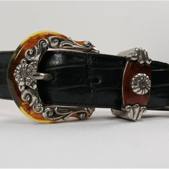 VTG Brighton Black Leather Croc Belt Amber Inlay Embossed Silver Buckle '96 USA
