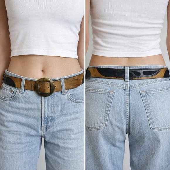 Acme Leather Goods Berkeley Vintage Tan Black Cutout Leather Belt Brass Bckle 32