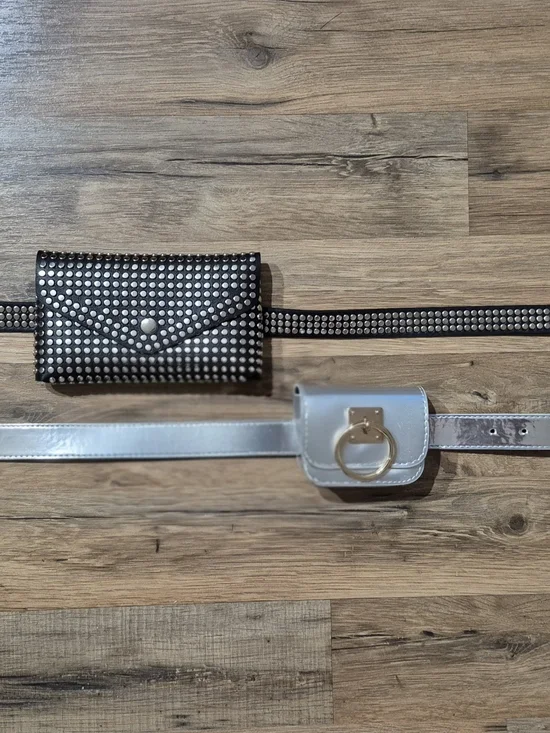 OLD NAVY-Studded Black Belt & Belt Bag & Silver Metallic Belt Pouch Set.