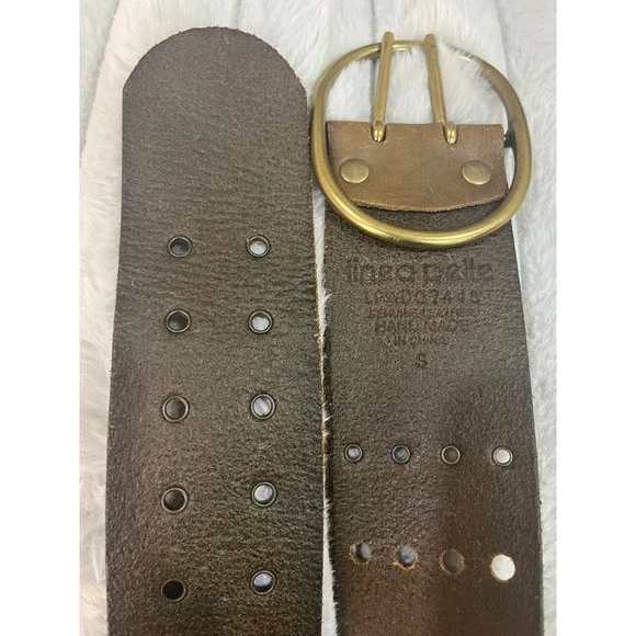 Linea Pelle Wide Leather Grommet Belt Women's Brown Brass‎ Double Prong Buckle S
