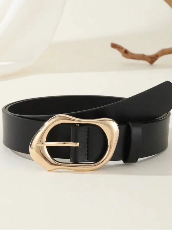 Black Leather Belt with Gold Irregular Buckle