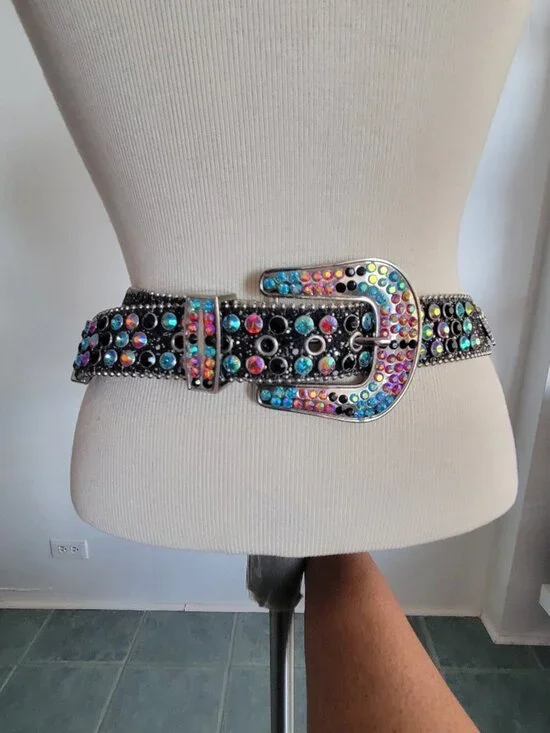 Multi Colored Skull Black Rhinestone Motorcycle Bling Leather Belt