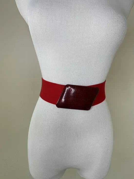 Pearl Vintage Red Stretch Belt Faux Leather Buckle Geometric Design Sz Medium