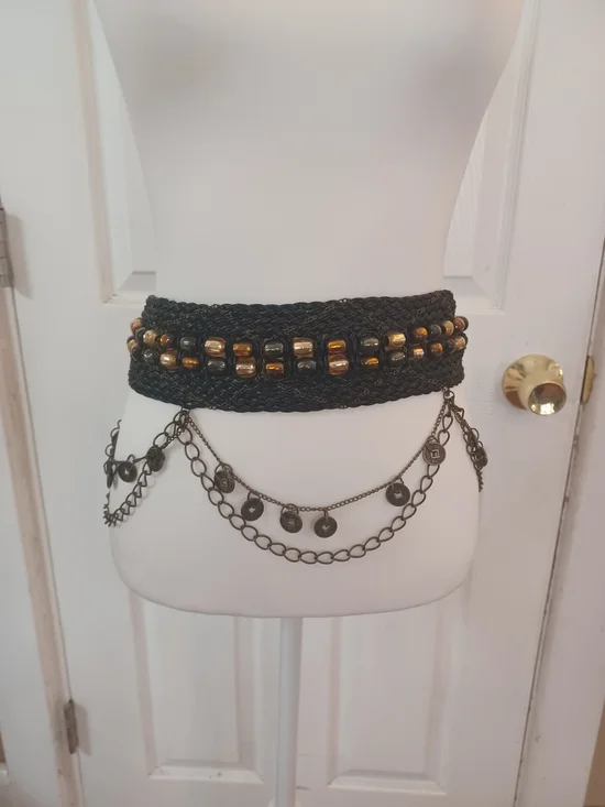 Vintage 90s Boho Mixed Media Statement Belt Woven Beaded Chinese Coin Hip Belt