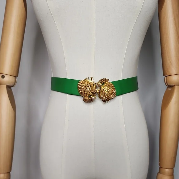 Vintage Green Belt with Gold Pinecone Buckle