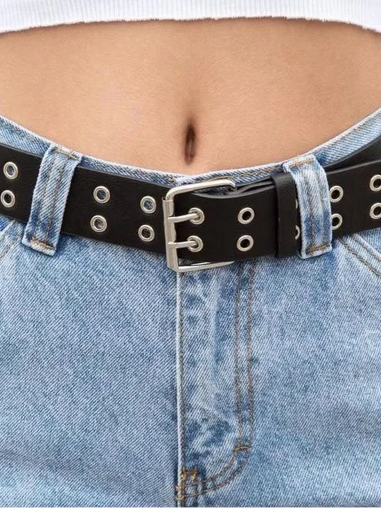 Brandy Melville Black Double-Prong Grommet Belt with Silver Hardware