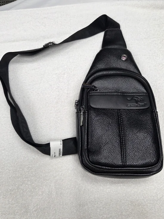 Black Leather Sling Bag for Men - Kangaroo Logo