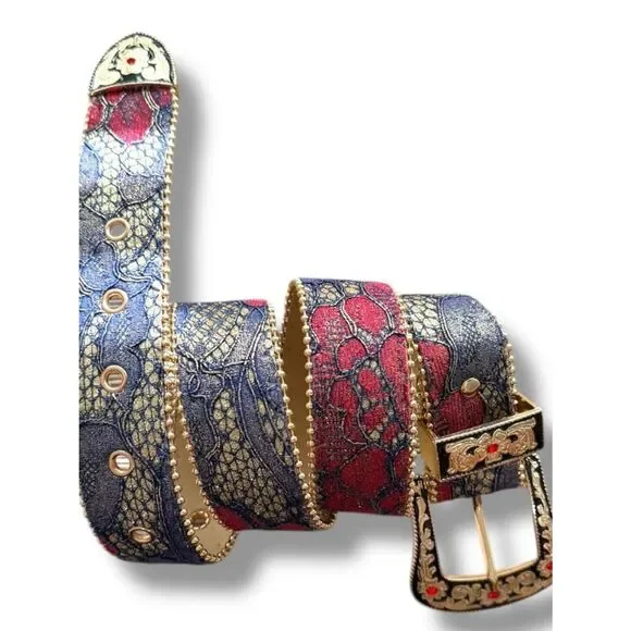 Western Floral Print Belt Red Blue Gold Crystal Enamel Buckle Belt NWT