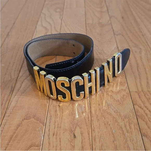 Moschino Black Leather Belt with Gold Logo Buckle