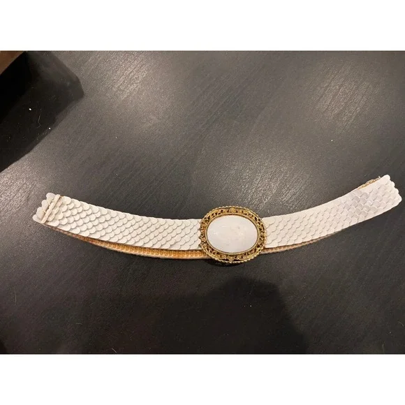 Vintage White Sequin Elastic Stretch Belt Gold Ornate Oval Buckle Faux Stone