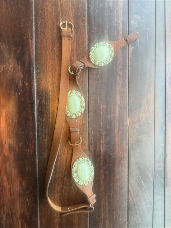 Leather Belt with Turquoise Stone Accents - Brown