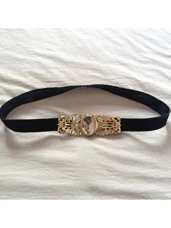 Vintage Black Suede Belt Gold Filigree Butterfly Crystal Buckle Maximalist Boho