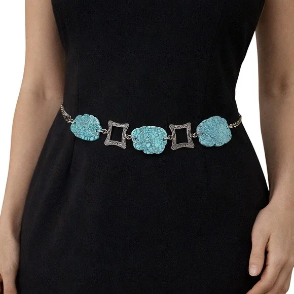 Silver Tone Adjustable Chain Wire‎ Wrapped Faux Turquoise Chunky Belt