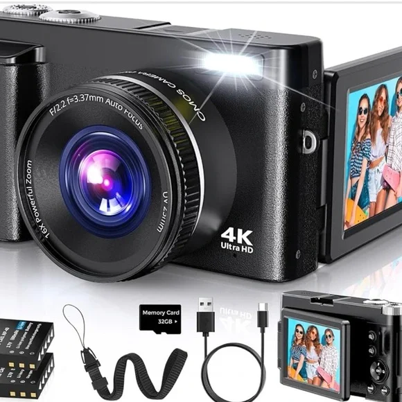 4K Ultra HD Black Digital Camera with Flip Screen
