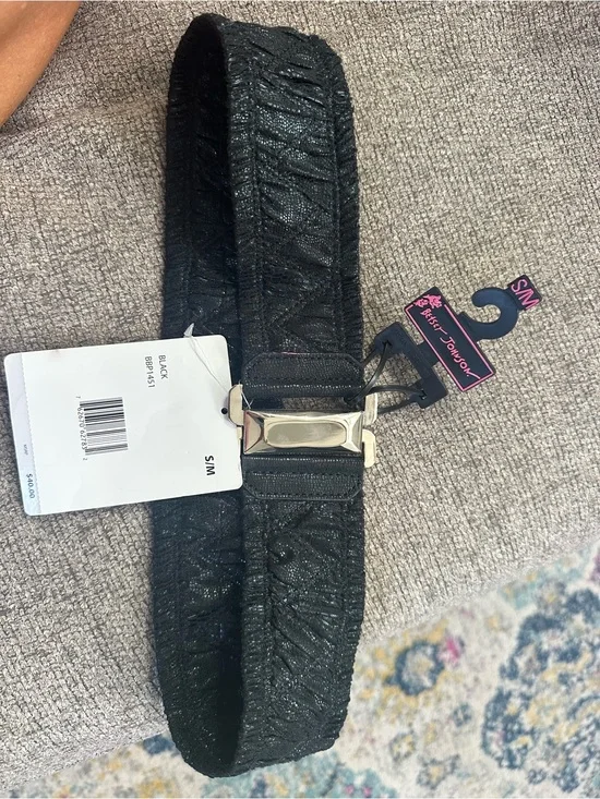 Betsey Johnson Black Elastic Statement Waist Belt with Silver Buckle