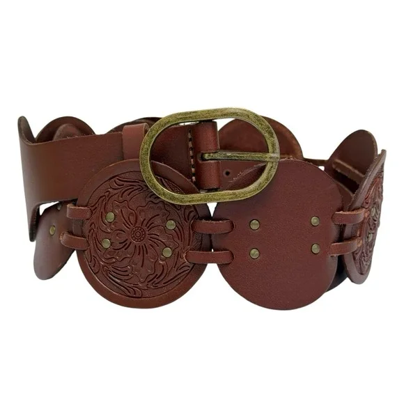 Lucky Brand Women's Medium Floral‎ Embossed Brown 100% Leather Belt Circles NWT