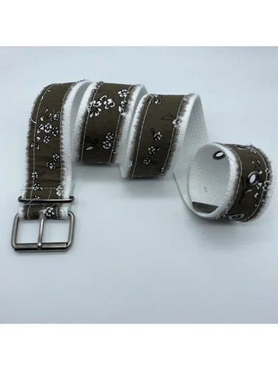 Unbranded White Brown Floral Woven Canvas Belt Women’s Size L 40”